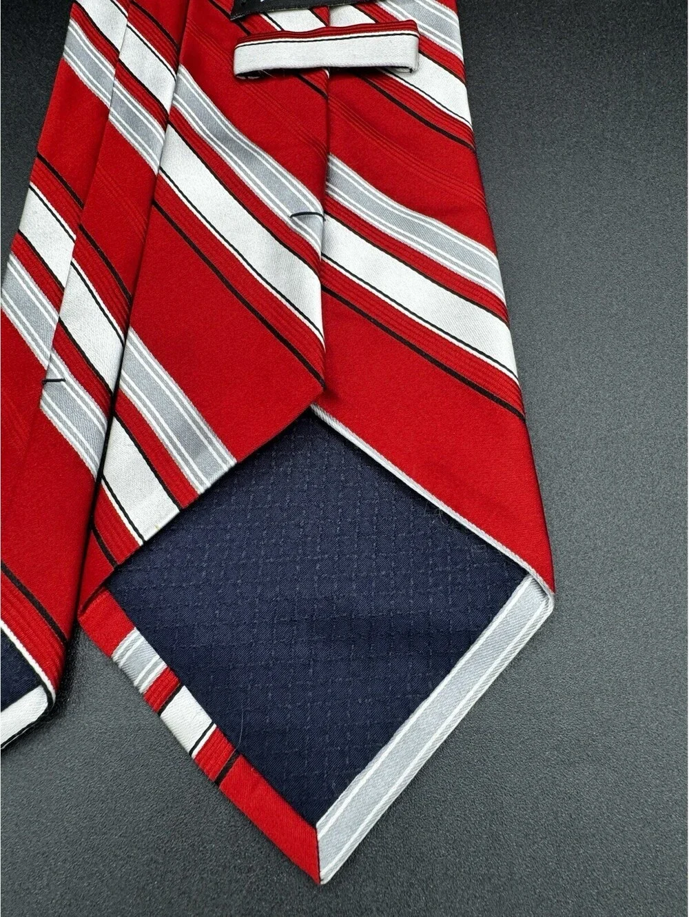 Jones New York Silk Tie Red White Gray Striped Wide 60”x4” Teacher Preppy School